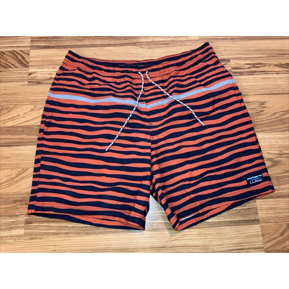 L.L. Bean Swim Trunks orange blue striped mens Size XL‎ elastic waist